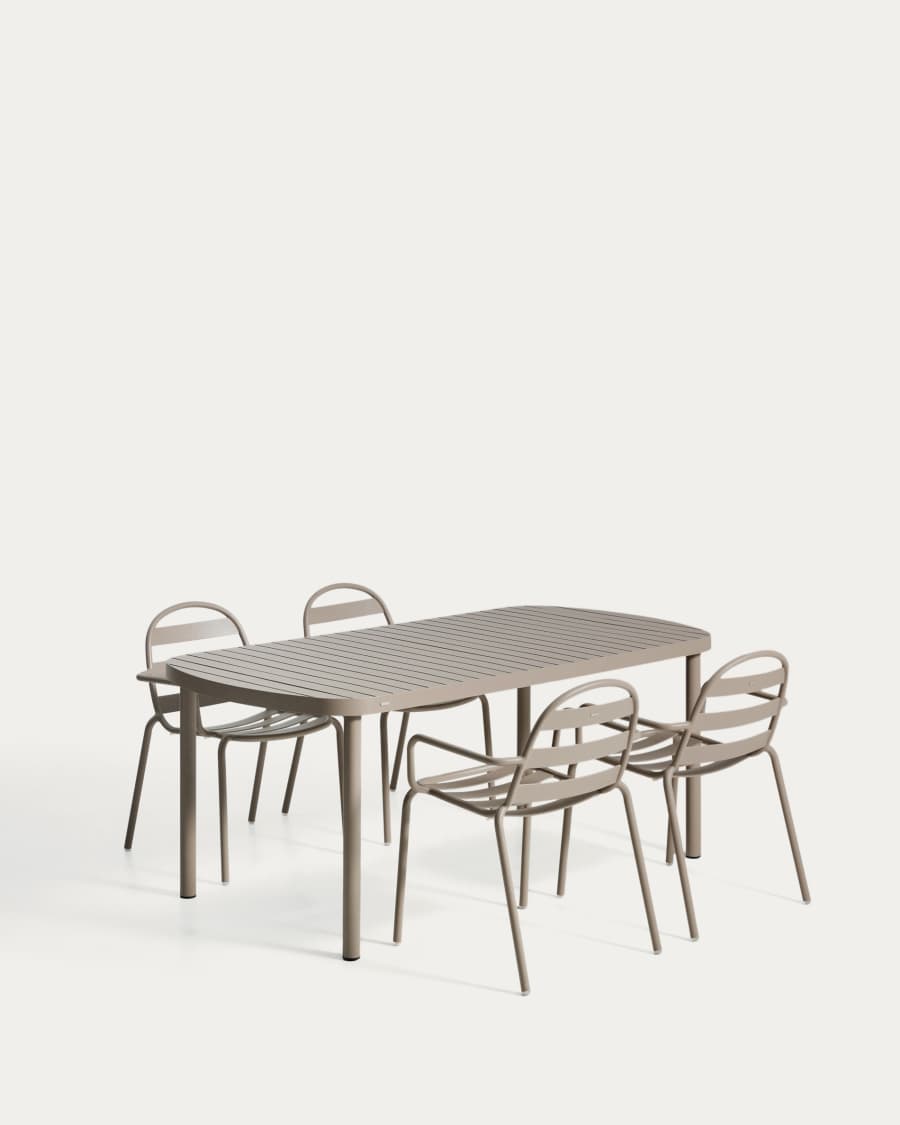 Joncols set with table and 4 chairs in taupe aluminium, 180 x 90cm