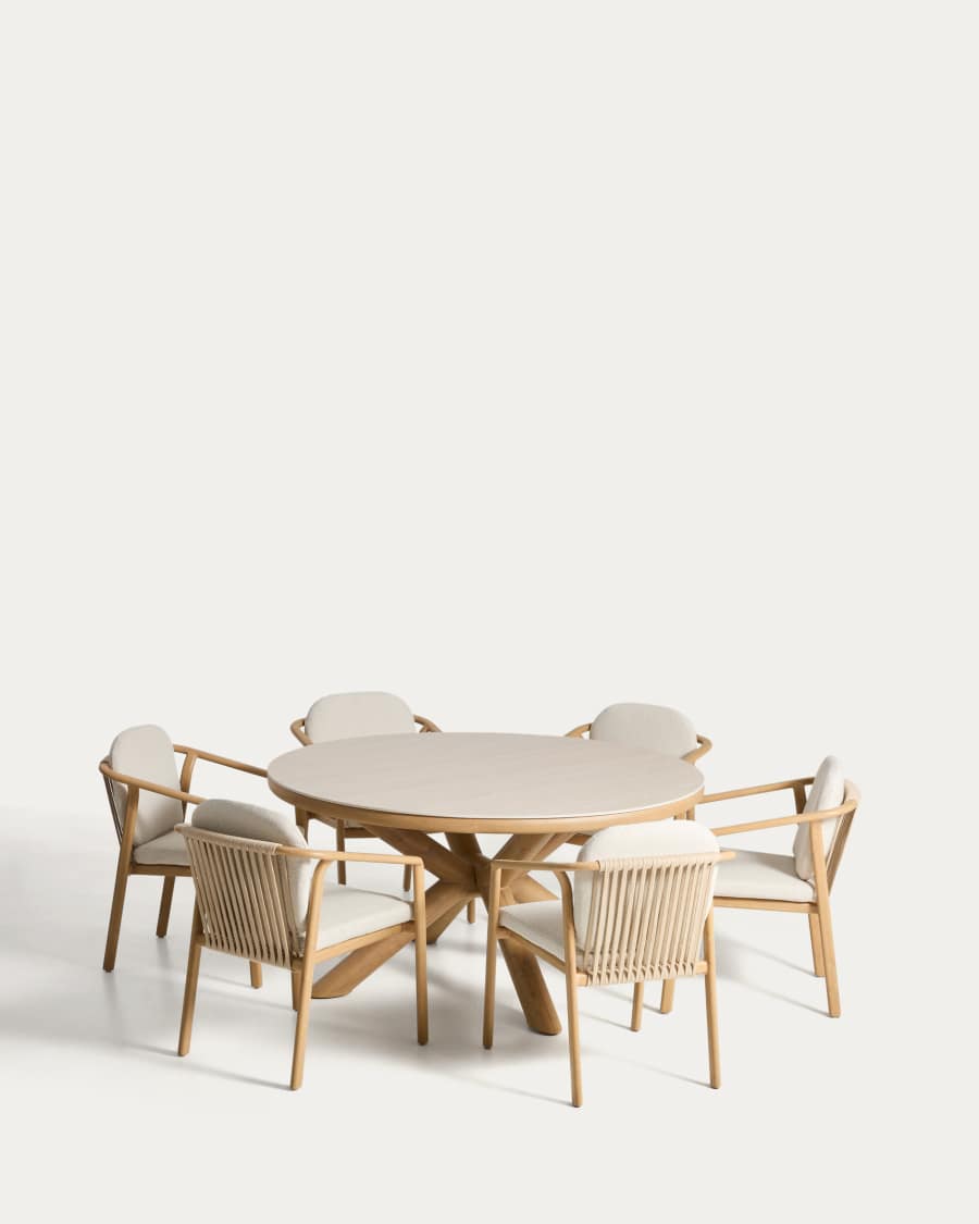 Set with Mirtia table in wood-effect aluminium and ecru sintered stone and 6 Sirte chairs in wood-effect aluminium and ecru rope cord Ø148cm