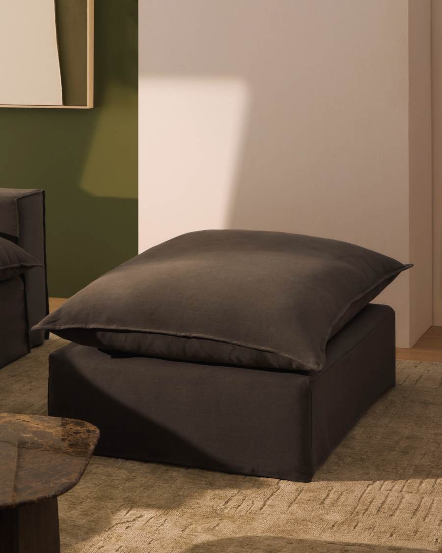 Anarela 100% taupe linen end pouffe with removable cover 90 x 107cm FSC Mix Credit