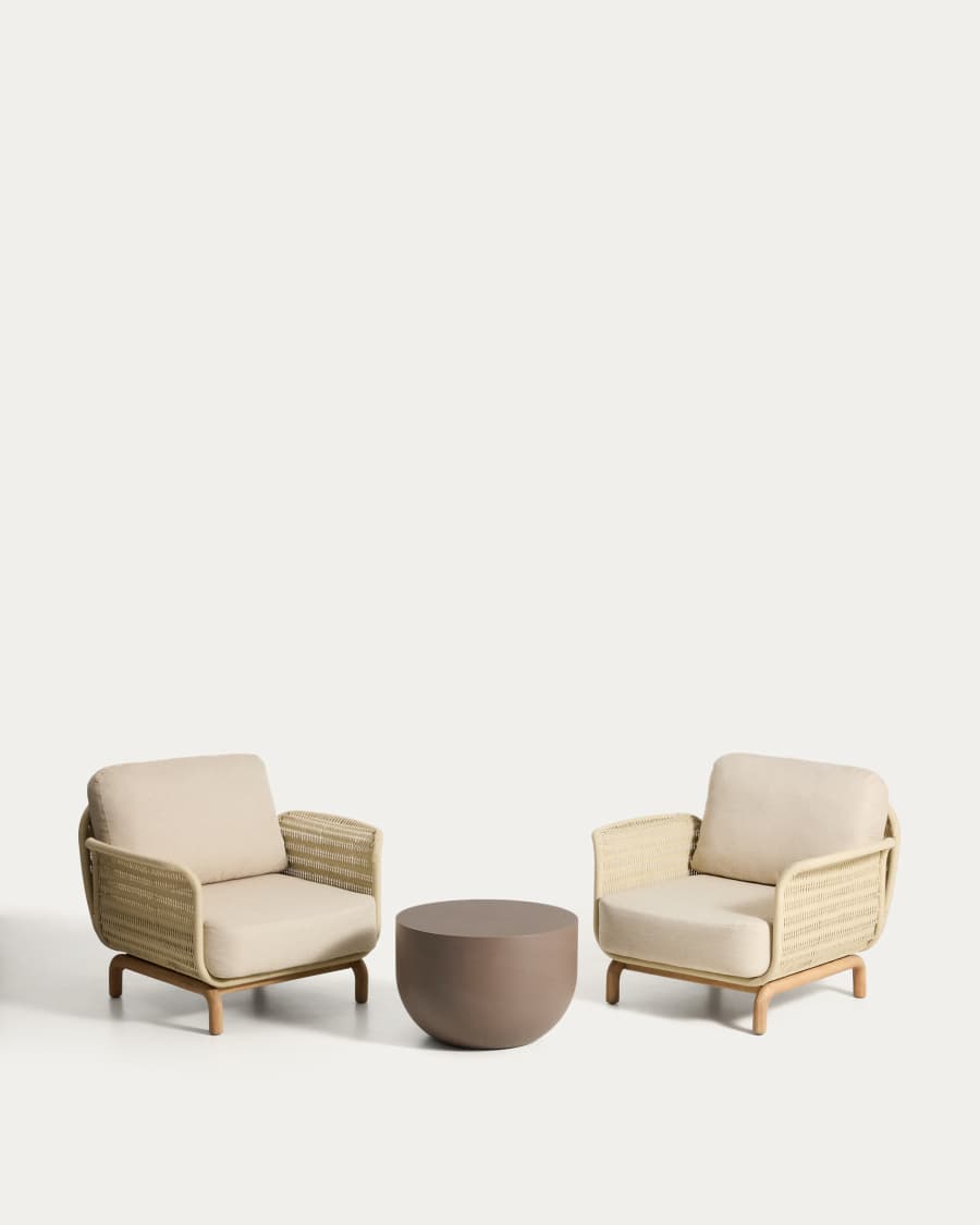 Set of 2 Alipa armchairs in solid acacia wood and ecru rope cord FSC 100% with Garbet coffee table in brown concrete Ø 60 cm