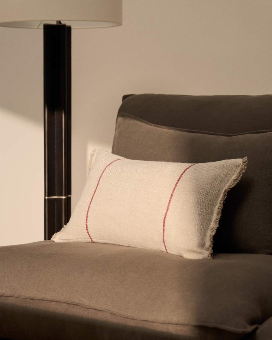 Lidore cushion cover in beige linen with contrasting red stripes 30 x 50cm