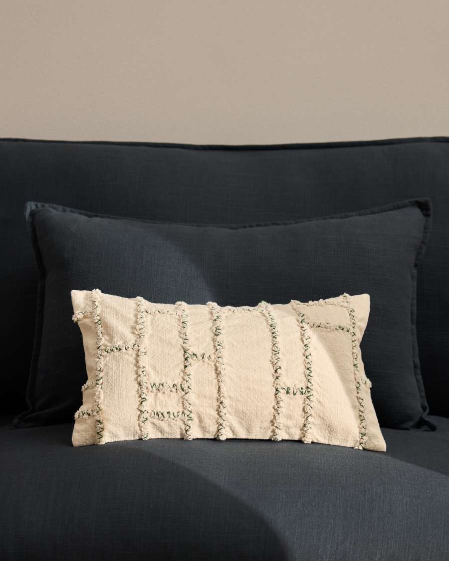 Verion green cushion cover with embroidered geometric detail 30 x 50cm