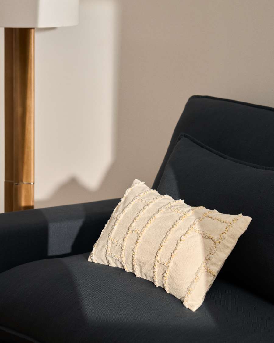 Verion yellow cushion cover with embroidered geometric detail 30 x 50cm