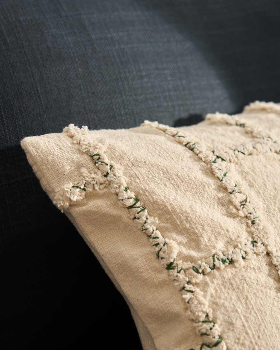 Verion green cushion cover with embroidered geometric detail 30 x 50cm