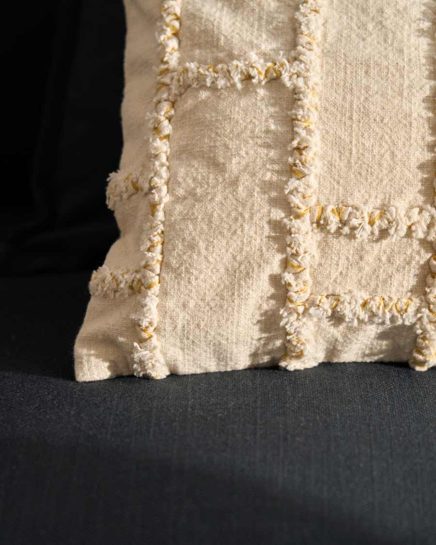Verion yellow cushion cover with embroidered geometric detail 30 x 50cm