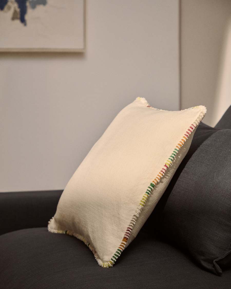 Enari ecru cotton cushion cover with multicoloured contrast piping 45 x 45 cm