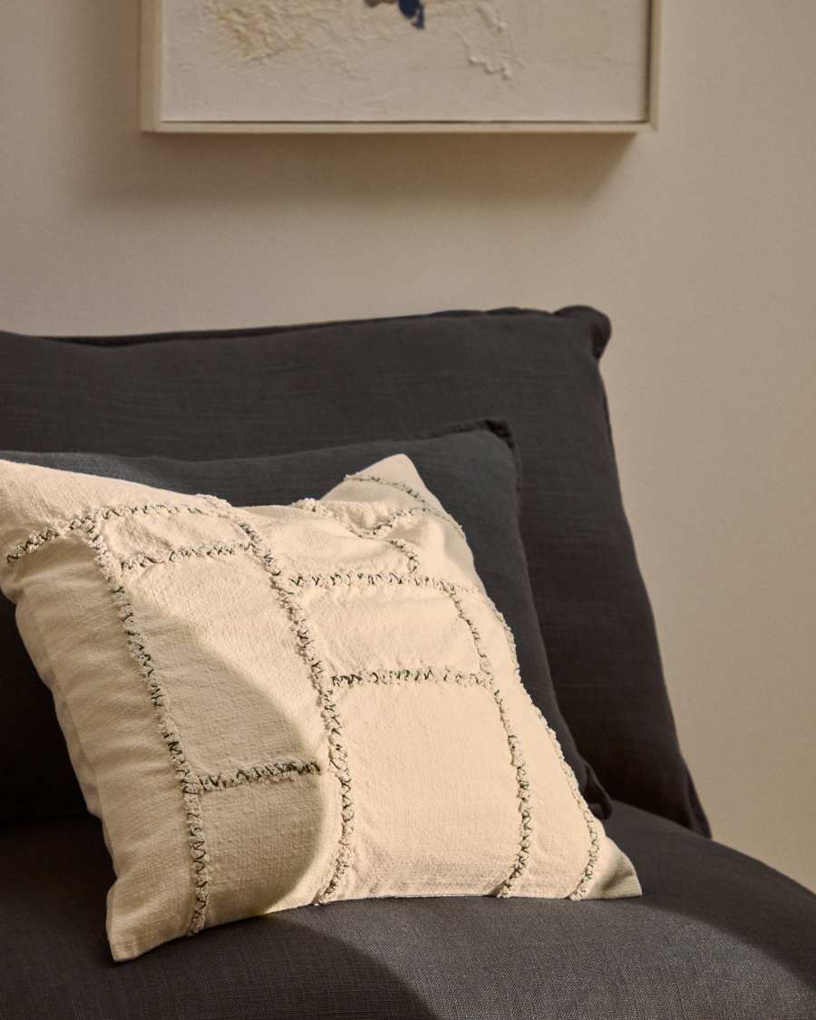 Verion green cushion cover with embroidered geometric detail 45 x 45cm