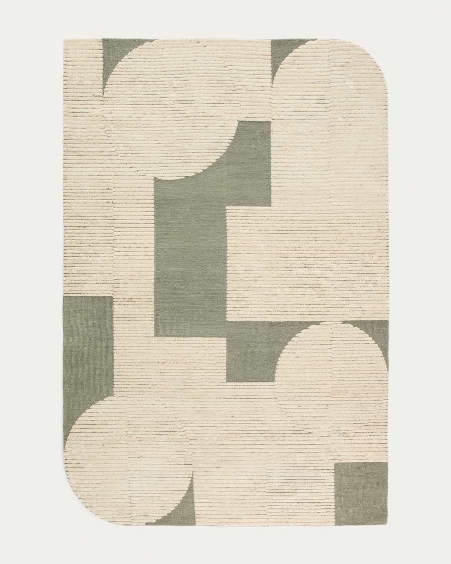 Bralen green and beige jacquard wool rug 200 x 300 cm