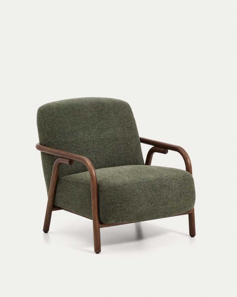 Sessel Sylo aus dunkelgrüner Chenille und massivem Eschenholz mit nussbaumfarbenem Finish, FSC 100 %