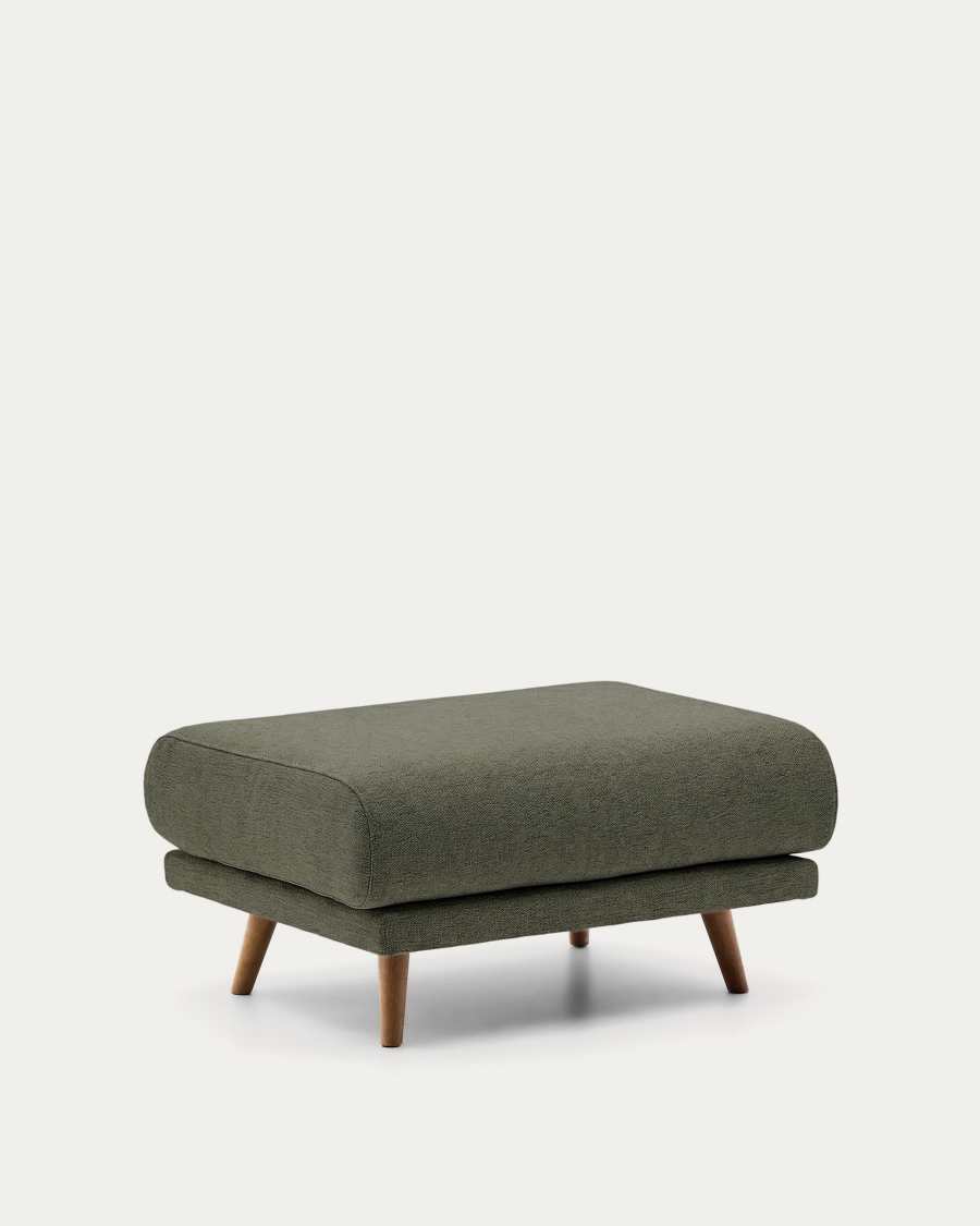 Karin footrest in beige chenille with solid beech wood legs in walnut-tone finish 90 x 70 cm