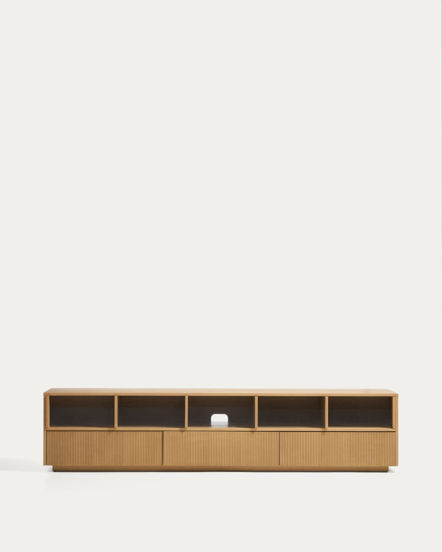 Helvine 5-door, 3-drawer TV stand in oak veneer and tempered glass 242x53,5cm FSC 100%