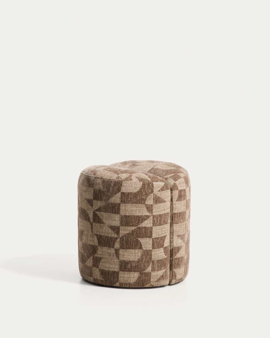 Nedilo round footrest in taupe geometric FSC Mix Credit jacquard fabric