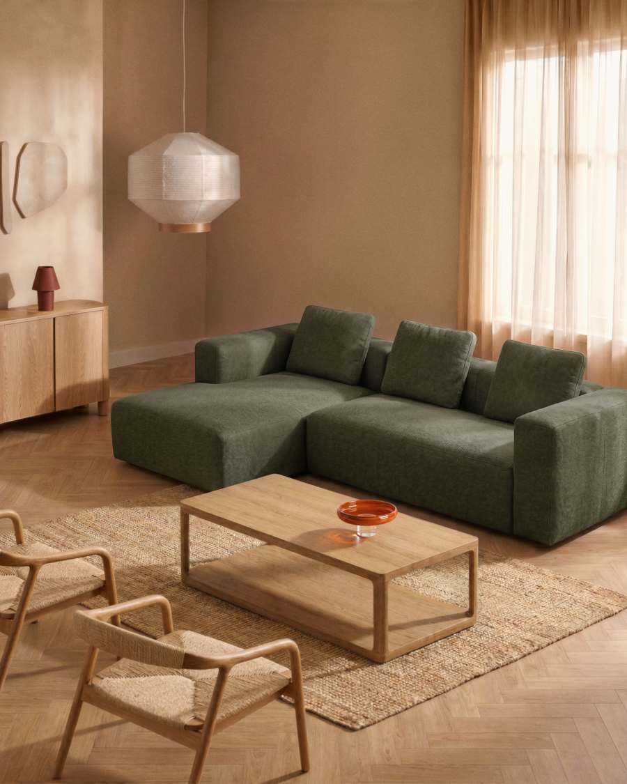 Blok 3-seater sofa with left chaise longue in moss green chenille 300cm FSC Mix Credit