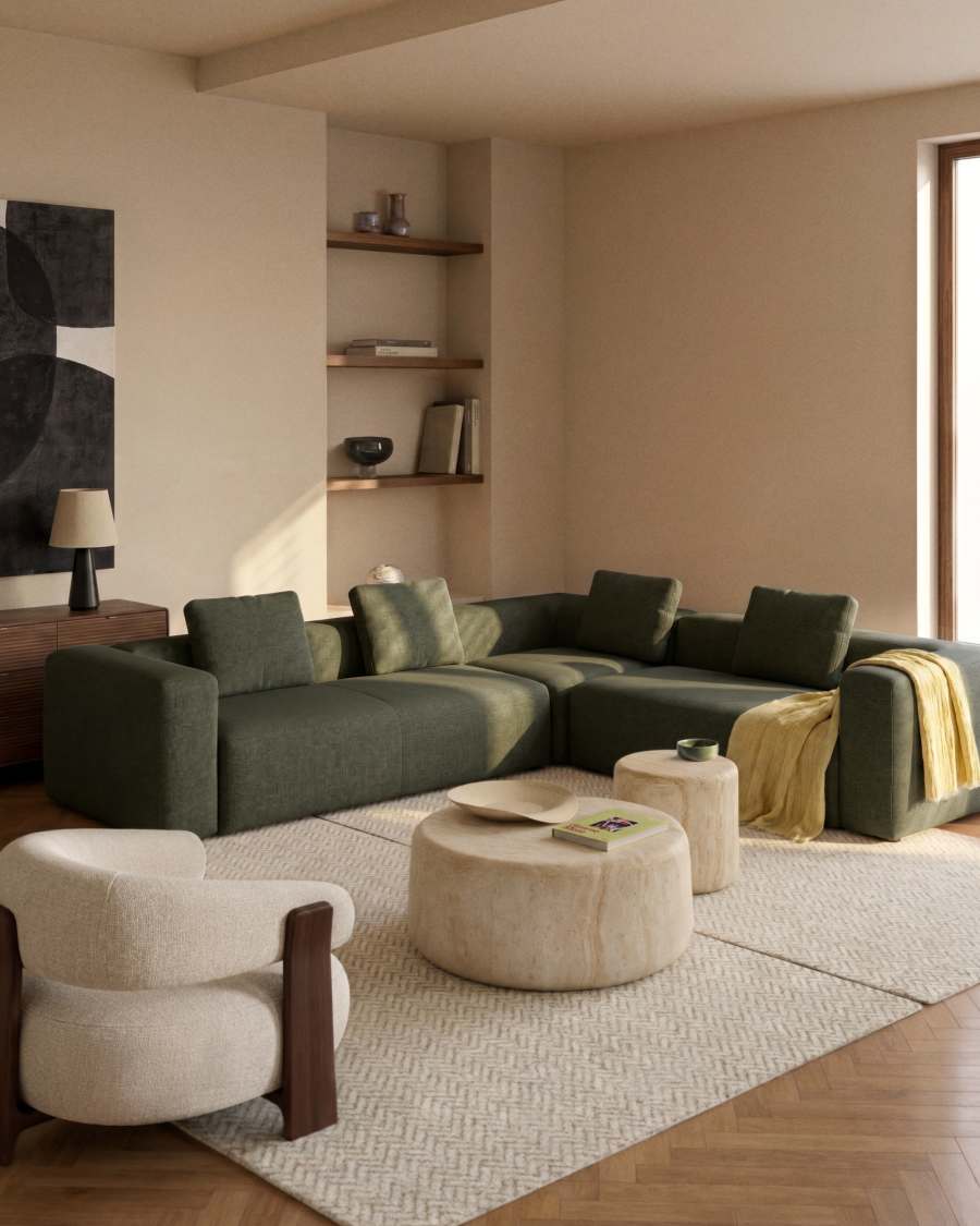 5-Sitzer-Ecksofa Blok in moosgrüner Chenille, 320 x 290 cm / 290 x 320 cm, FSC Mix Credit