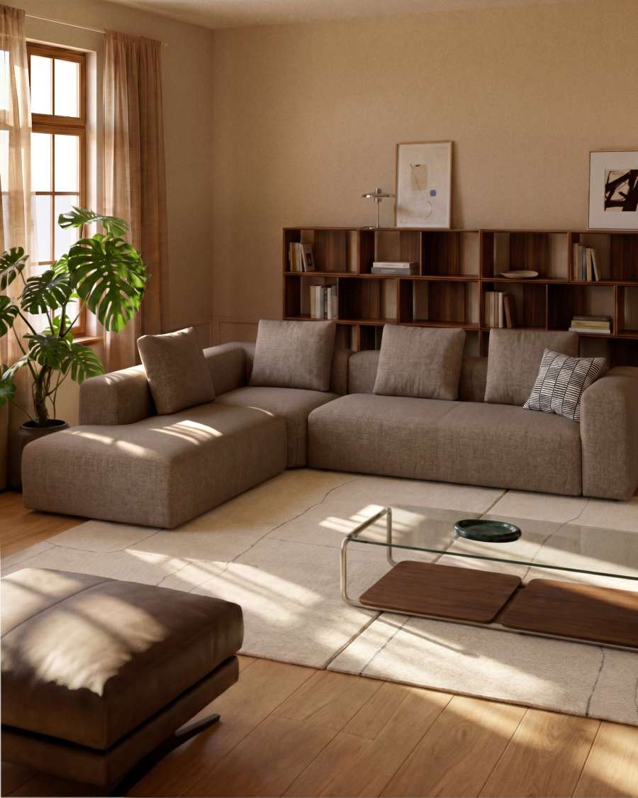 Blok brown chenille 5-seater corner sofa with left terminal 255 x 320cm FSC Mix Credit