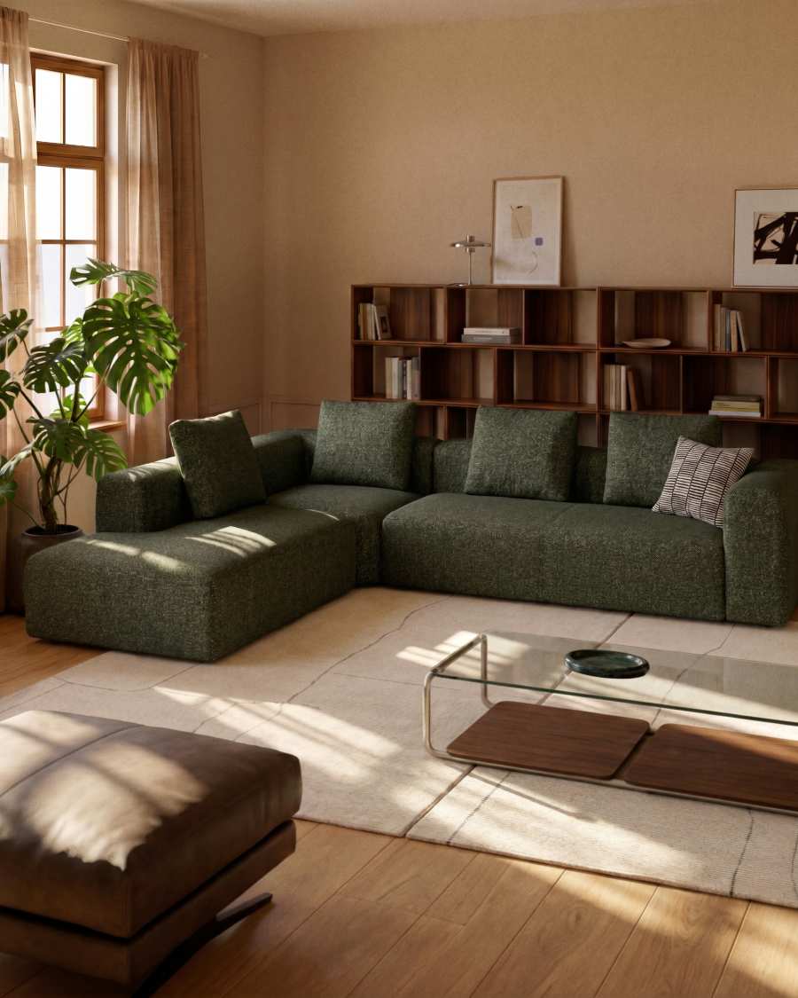 Blok moss green chenille 5-seater corner sofa with left terminal 255 x 320cm FSC Mix Credit