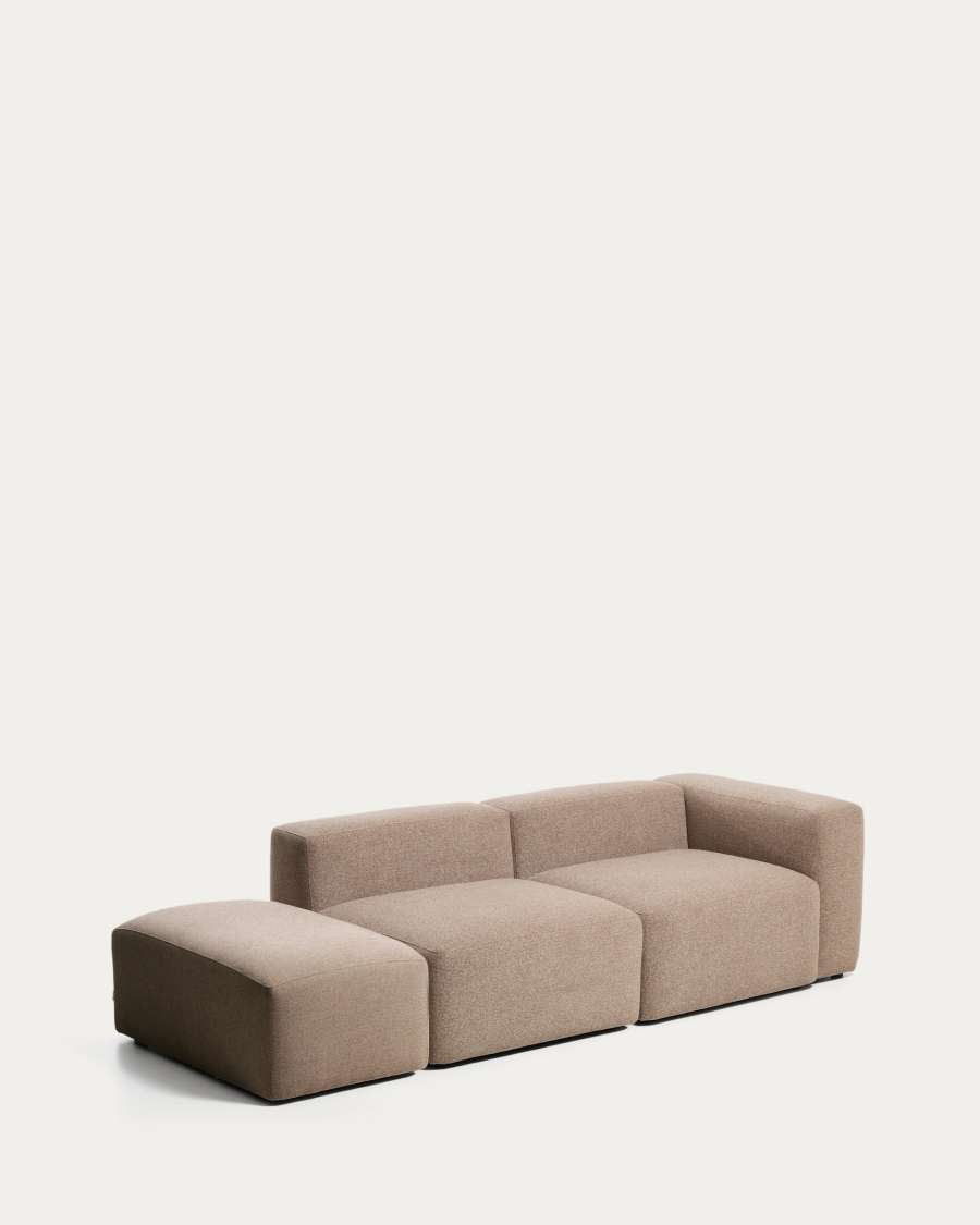 Blok 3-seater sofa with right armrest and end pouffe in brown chenille 270cm FSC Mix Credit