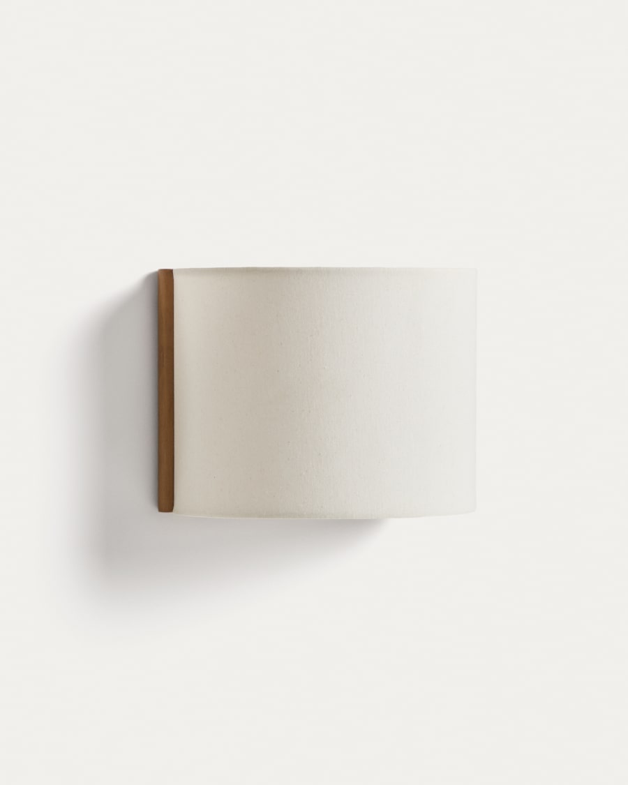 Umbran wall-mounted light fixture made from light brown rubberwood and beige linen