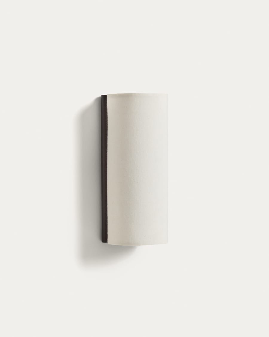 Umbran wall-mounted light fixture in dark brown rubberwood and beige linen