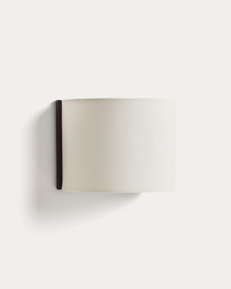 Umbran wall-mounted light fixture in dark brown rubberwood and beige linen