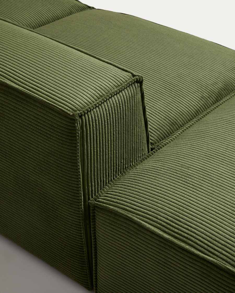 Blok 3-seater sofa with left armrest and end pouffe in thick green corduroy 270cm FSC Mix Credit