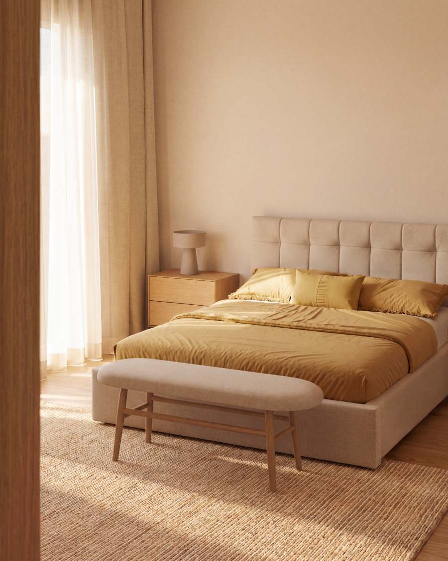 Helda bench in beige chenille and solid oak wood FSC Mix Credit 122 cm