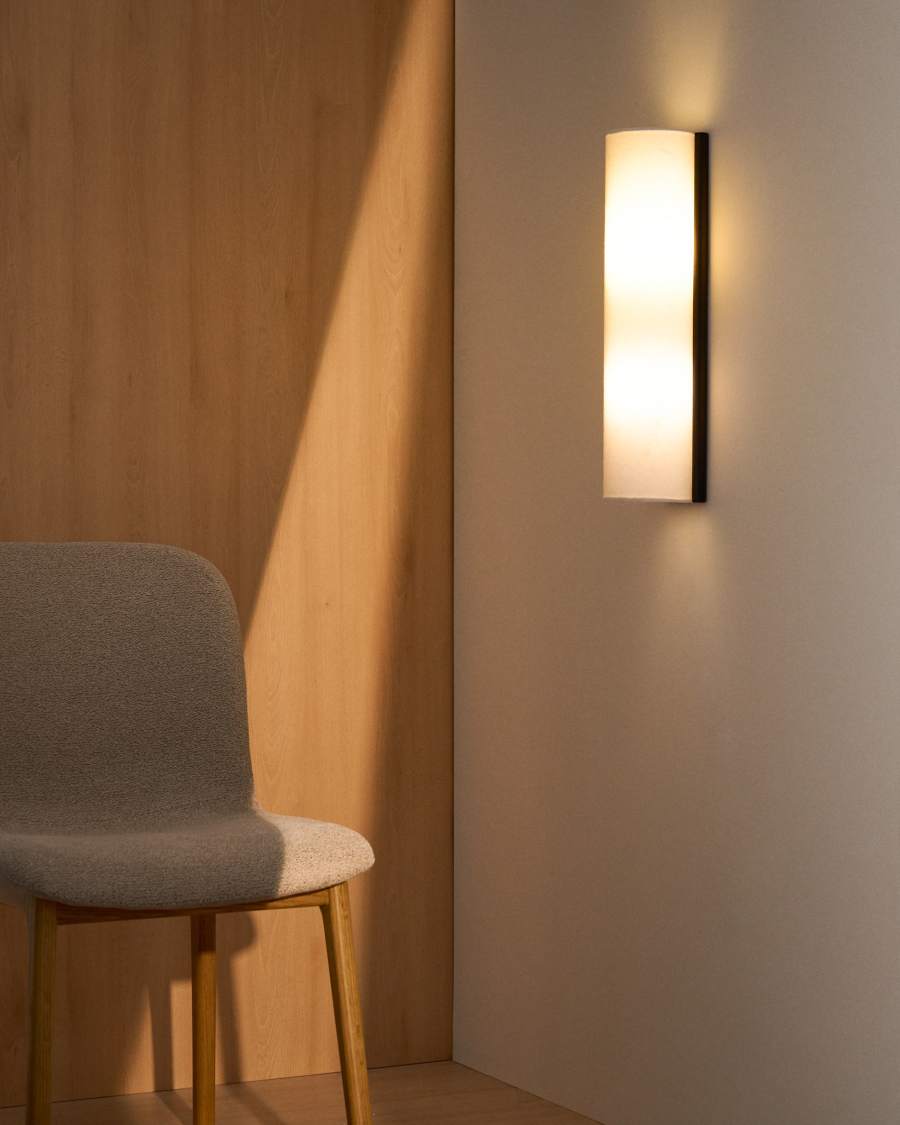 Umbran wall-mounted light fixture made from light brown rubberwood and beige linen