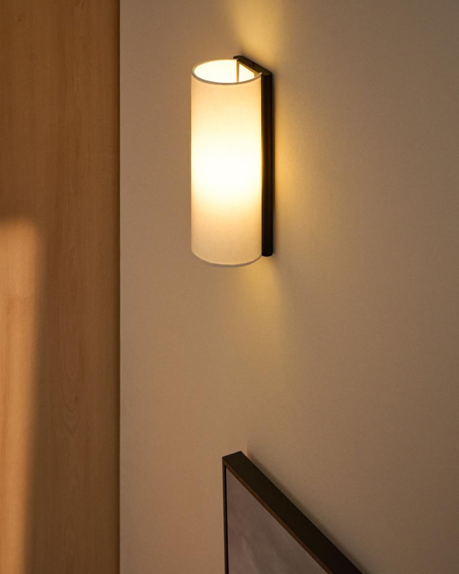 Umbran wall-mounted light fixture in dark brown rubberwood and beige linen
