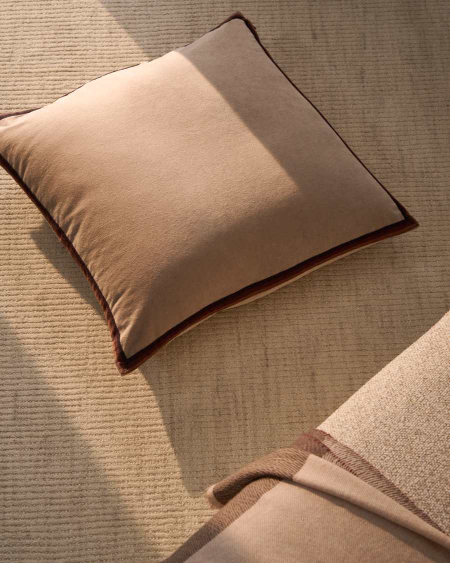 Niroi 100% beige velvet cotton cushion cover with ribbon detail 60 x 60 cm