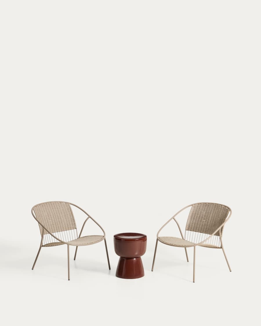Set mit 2 Sesseln Atrani aus verzinktem Stahl und taupefarbenem Seil und Beistelltisch Mesquida aus glasierter terrakottafarbener Keramik Ø 36 cm