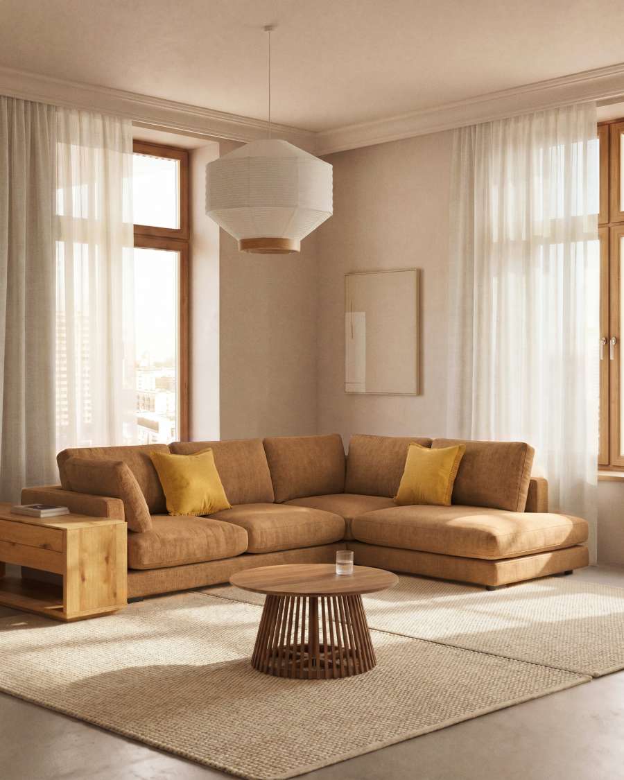 Lampenschirm für Deckenleuchte Hila aus weißem Papier und Naturholzfurnier Ø 80 cm