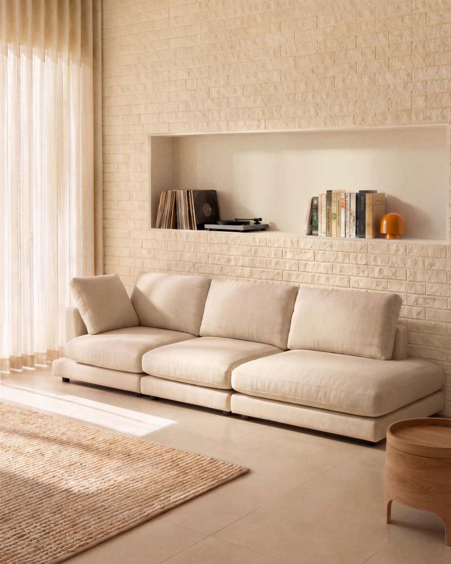 Gala 4-seater modular sofa with end module right side in beige micro bouclé FSC Mix Credit 315cm