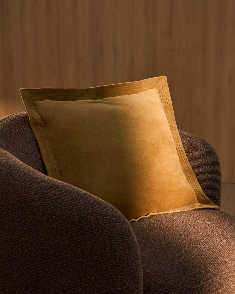 Ladira beige velvet cushion cover with piping and embroidered detailing 45 x 45 cm