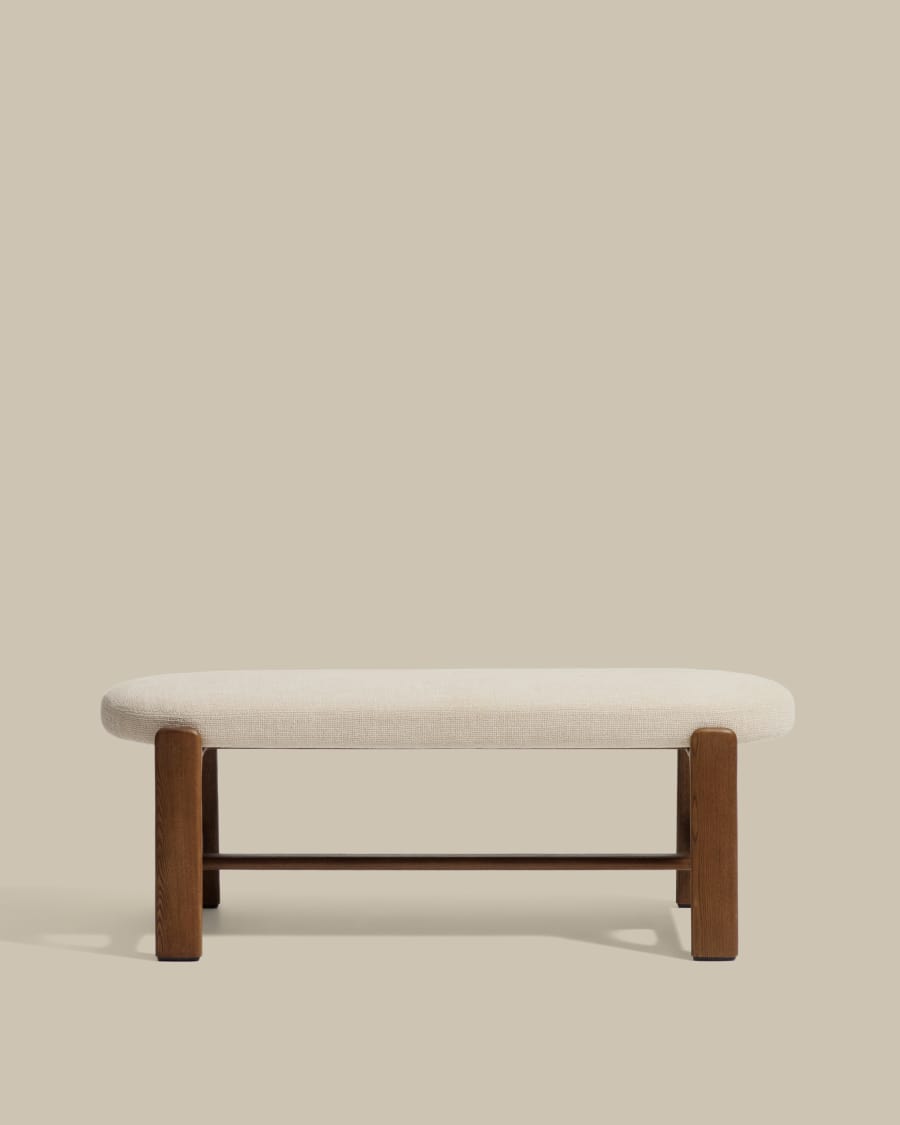 Granite bench in beige chenille and solid ash wood with walnut finish 120cm FSC 100%