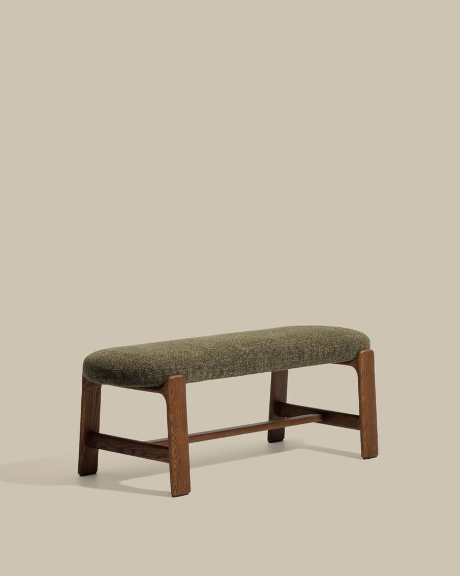 Granite bench in green chenille and solid ash wood with walnut finish 120cm FSC 100%
