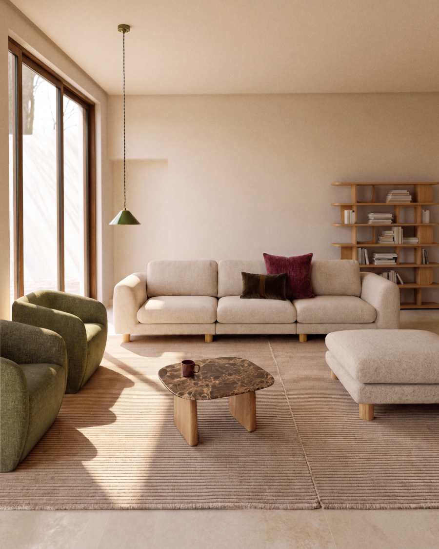Vera beige footrest with natural-finish solid ash wood legs 80 x 80 cm FSC Mix Credit