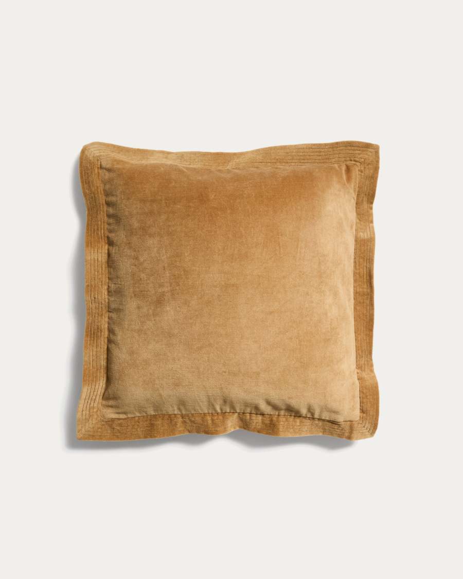 Ladira beige velvet cushion cover with piping and embroidered detailing 45 x 45 cm