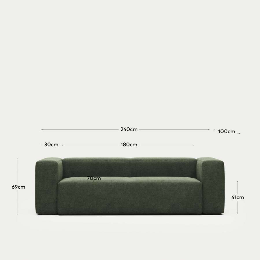 Blok fire-retardant 3-seater sofa in green chenille 240cm