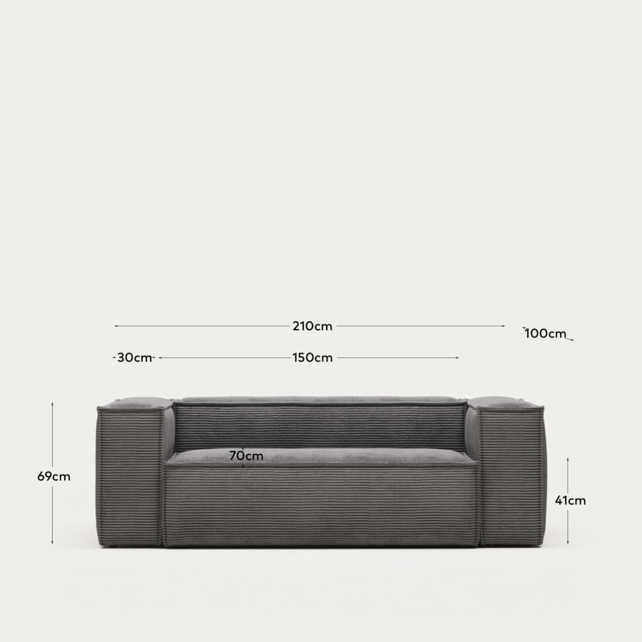 Blok 2 seater sofa in grey corduroy, 210 cm FR