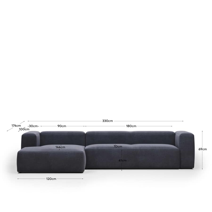 Blok 4 seater sofa with left side chaise longue in blue, 330 cm FR