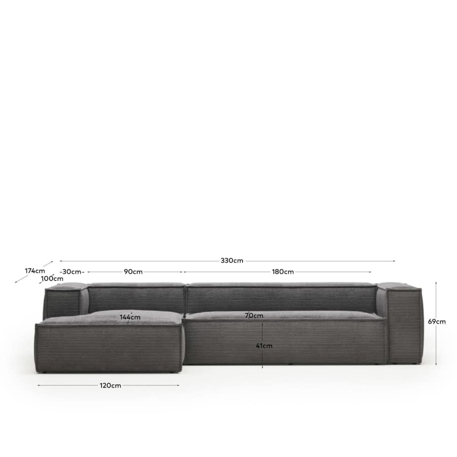 Blok 4 seater sofa with left side chaise longue in grey corduroy, 330 cm FR