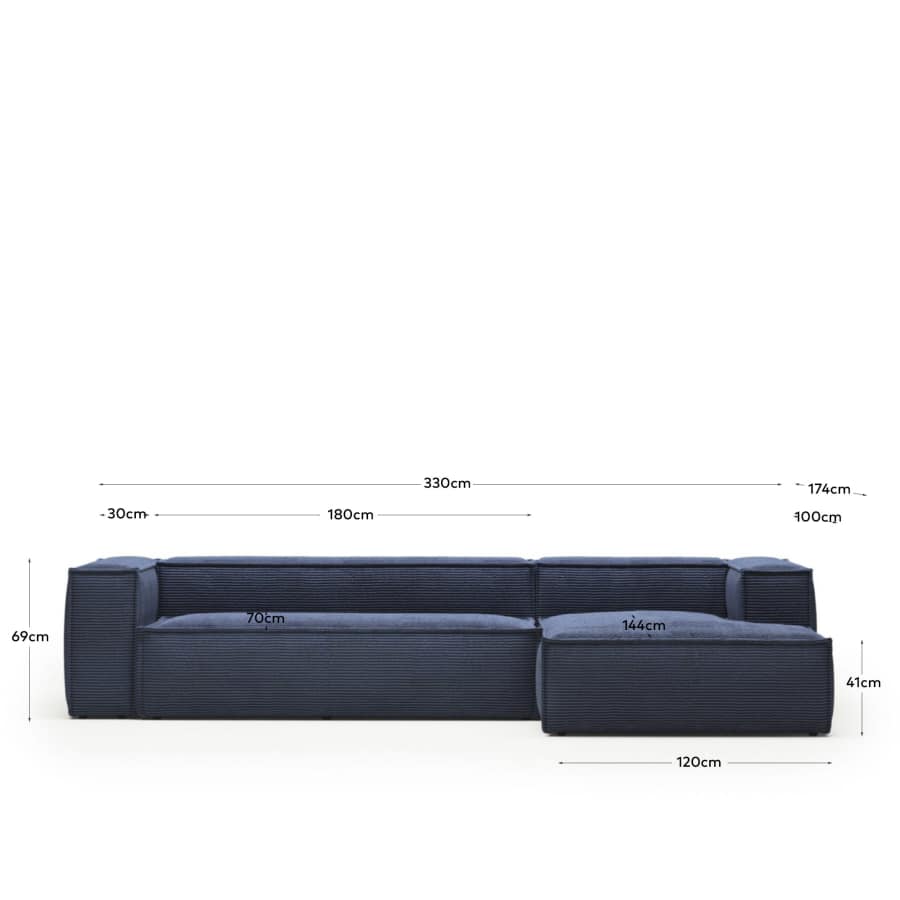 Blok fire-retardant 4-seater sofa with right chaise longue in thick blue corduroy 330cm FSC Mix Credit