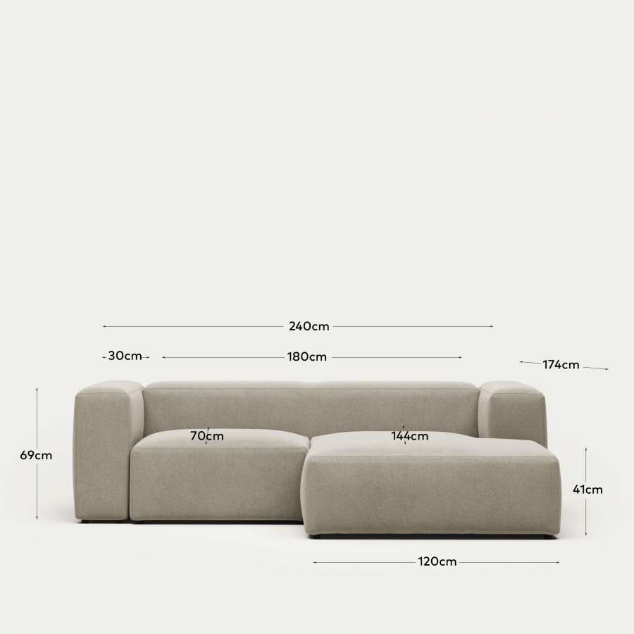 Blok fire-retardant 2-seater sofa with right chaise longue in beige chenille 240cm