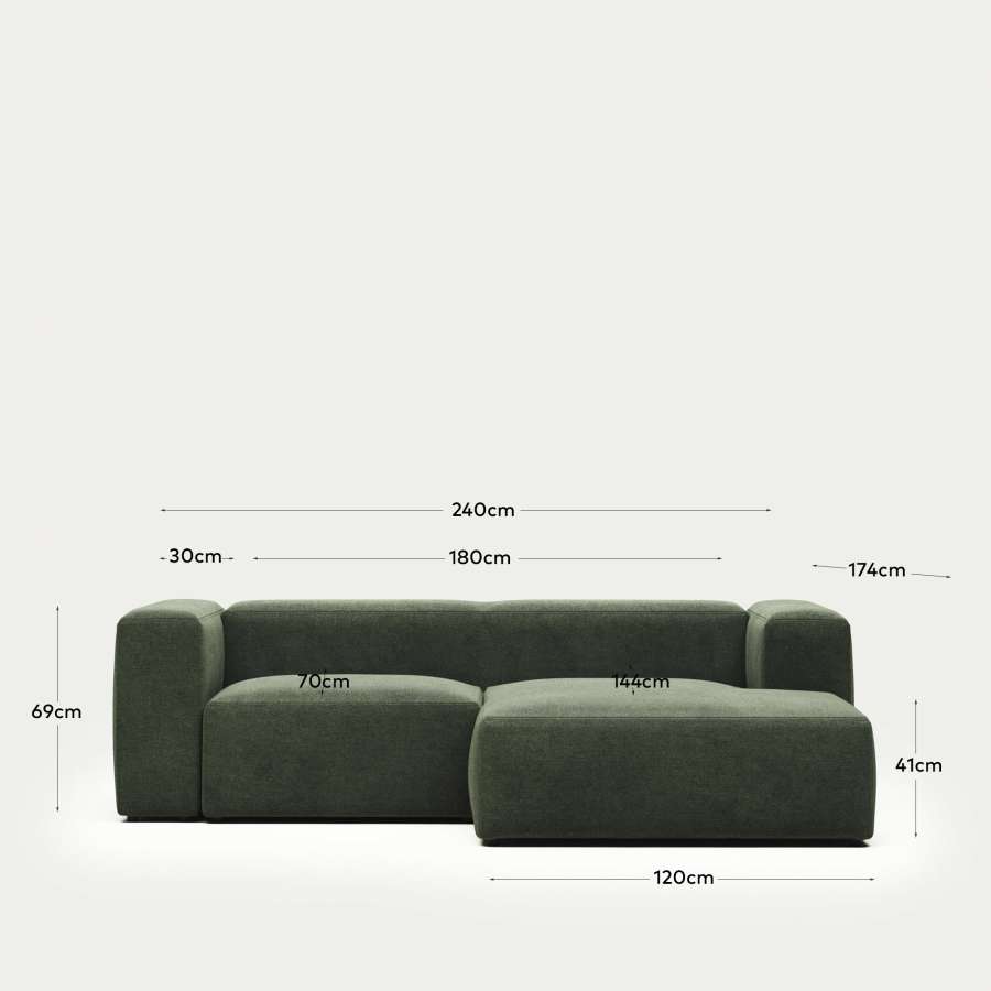 Blok fire-retardant 2-seater sofa with right chaise longue in green chenille 240cm