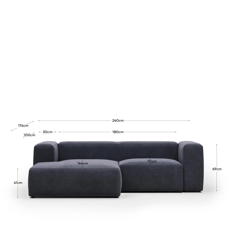 Blok fire-retardant 2-seater sofa with left chaise longue in blue chenille 240cm