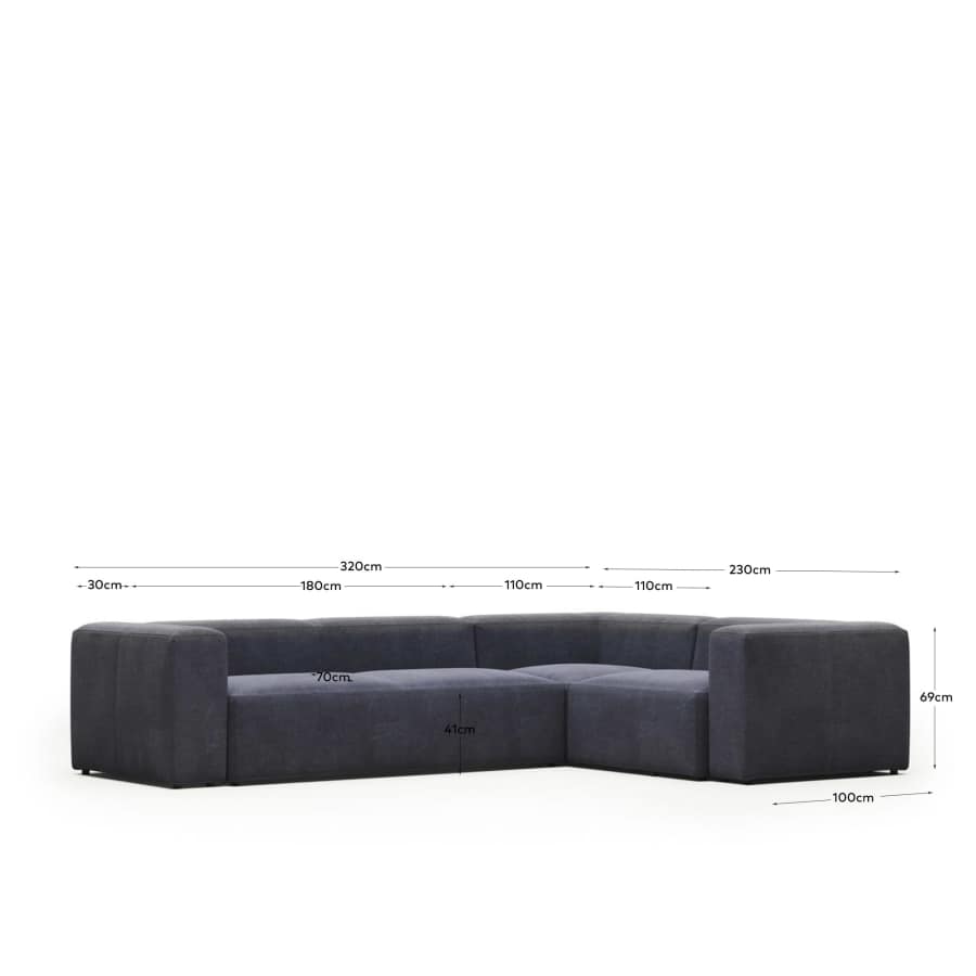 Blok 4 seater corner sofa in blue, 320 x 230 cm / 230 x 320 cm FR