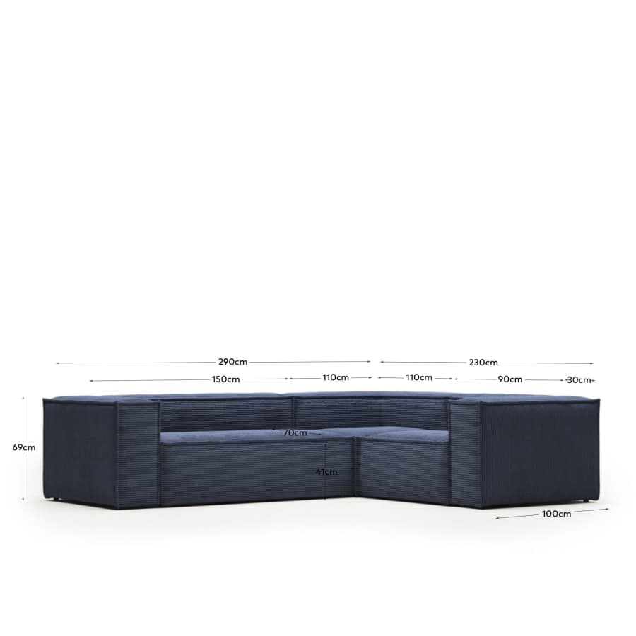 Blok fire-retardant 3-seater corner sofa in thick blue corduroy 90 x 230cm/230 x 290cm FSC Mix Credit