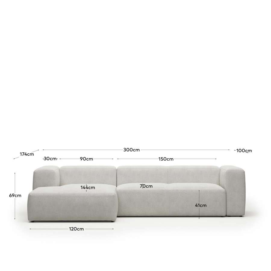 Blok 3 seater sofa with left side chaise longue in white fleece, 300 cm FR