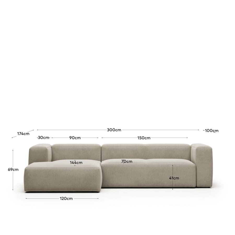Blok fire-retardant 3-seater sofa with left chaise longue in beige chenille 300cm