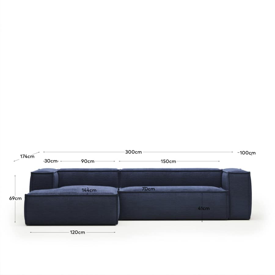 Blok fire-retardant 3-seater sofa with left chaise longue in thick blue corduroy 300cm FSC Mix Credit